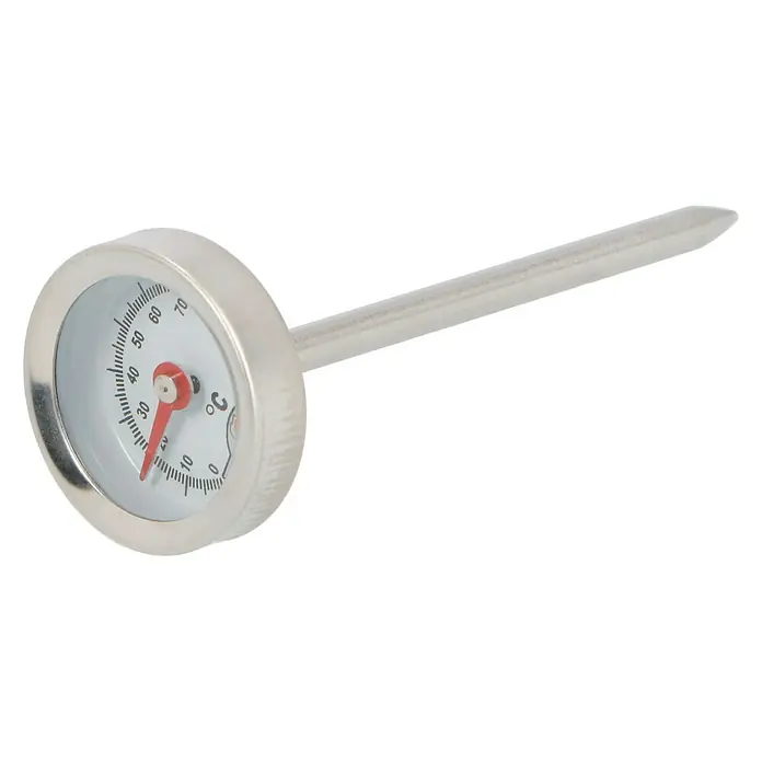 Kingstone Grill-Thermometer Set - 4 Stk. - Ein analoges Bratenthermometer aus Edelstahl mit einer roten Nadel, das die Temperatur in Grad Celsius anzeigt.