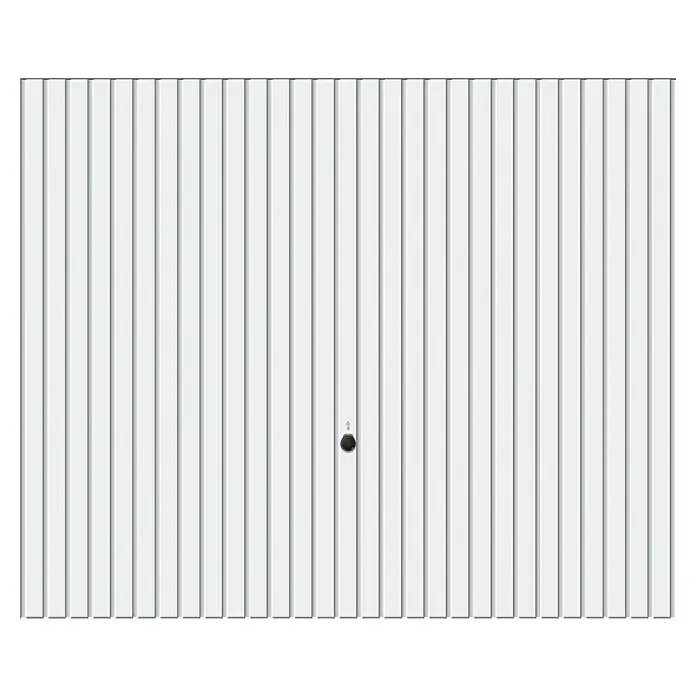 Hörmann Garagentor Berry N80 M902 - 2.750 x 2.125 mm, Verkehrsweiß, Glatt - Weißes Garagentor mit vertikalen Lamellen und einem Drehknopf in der Mitte, um das Tor zu öffnen.