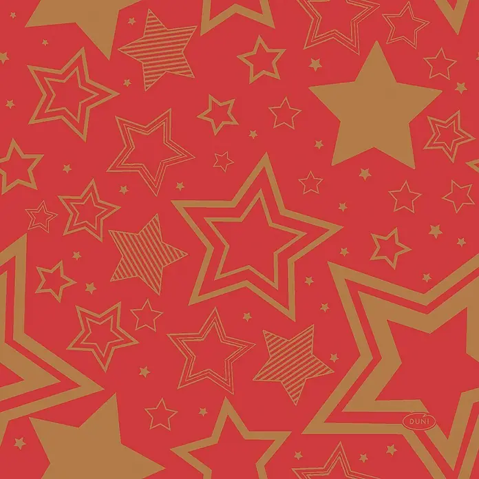 Duni Serviette Holiday Star - 20 Stk., 33 x 33 cm, Rot - Rotes Duni-Produkt mit goldenen Sternen in verschiedenen Größen und Mustern. Ein festliches Design für besondere Anlässe.