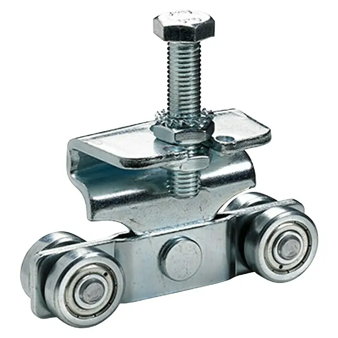 Hettich Rollapparat LN-15b - Zweipaarig, Traglast: 180 kg, Passend für: Hettich XXL-Torbeschlag-System LN-15 - Ein Metall-Hängegleiter mit Rollen, einem Bolzen und einer Mutter auf schwarzem Hintergrund.