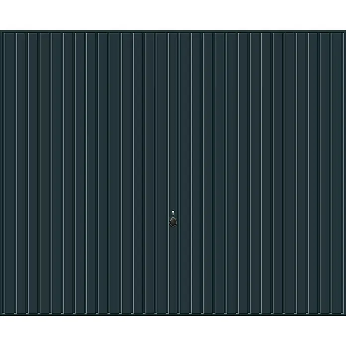 Hörmann Garagentor Berry N80 M902 - 2.500 x 2.125 mm, Anthrazitgrau, Glatt - Ein blaues Garagentor mit vertikalen Rillen und einem kleinen Schloss in der Mitte bietet Sicherheit und modernes Design.