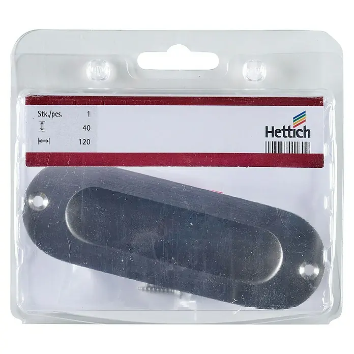 Hettich Griffmuschel Modern - Edelstahl, gebürstet, 120 x 40 x 12 mm, 1 Stk. - Ein Hettich Griffmuschel in einer Kunststoffverpackung. Ideal für Schiebetüren und Schubladen, mit klaren Größenangaben auf der Verpackung.