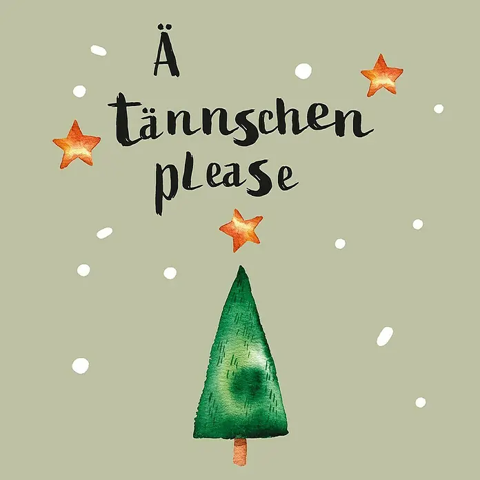 Duni Serviette Tännschen - 20 Stk., 33 x 33 cm - Festliches Aquarell-Design mit Tännchen-Schriftzug, Sternen und Schneeflocken auf beigem Hintergrund für weihnachtliche Stimmung.
