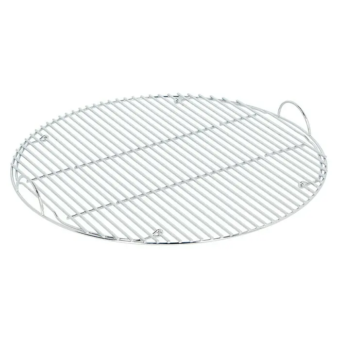 Kingstone Grillrost - Durchmesser: 54 cm - Ein runder, weißer Grillrost mit Griffen und einer Struktur aus parallelen Stäben, ideal zum Grillen verschiedener Speisen.