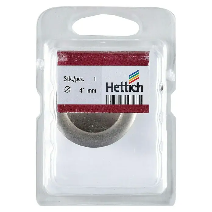 Hettich Griffmuschel Classic - Stahl, Vernickelt, matt, Durchmesser: 41 mm, 1 Stk. - Abgebildete Hettich Rosette in einer transparenten Verpackung, die die hochwertige Verarbeitung und das Design des Produkts hervorhebt.