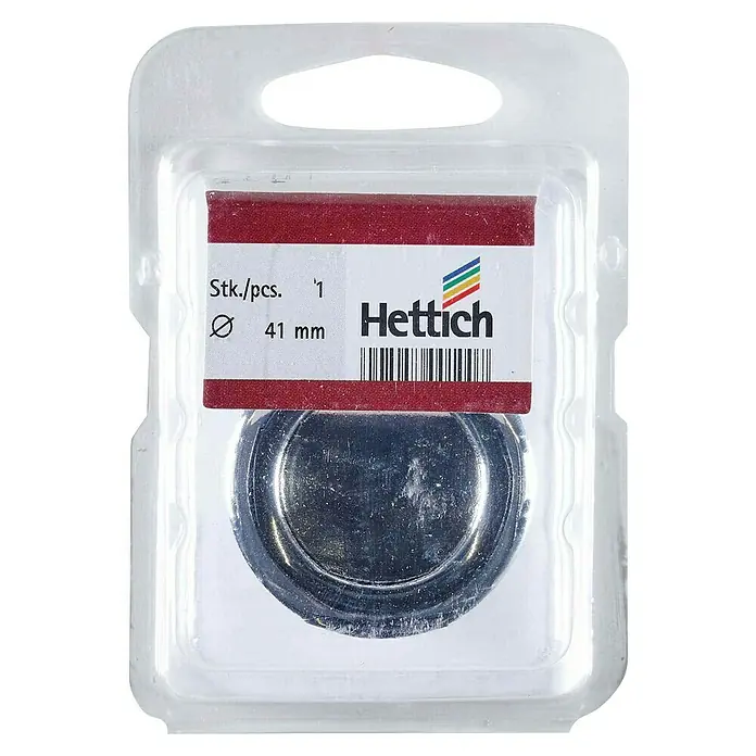 Hettich Griffmuschel Classic - Stahl, Verchromt, glänzend, Durchmesser: 41 mm, 1 Stk. - Hettich Möbelknopf im Blister. Der Knopf hat einen Durchmesser von 41 mm und ist einzeln verpackt, ideal für Möbelprojekte.