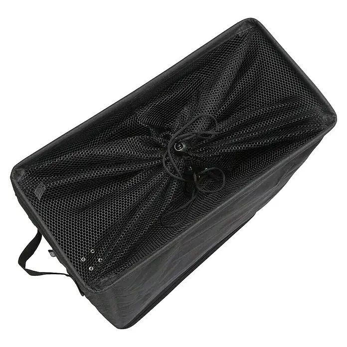 Versa Cesta de ropa - 38,5 x 19 x 58 cm, Negro - Imagen de una cesta de lavandería negra con una parte superior de malla, ideal para organizar y guardar ropa con cierre de cordón.