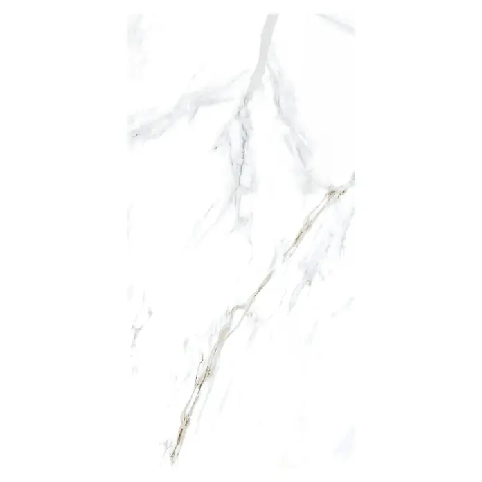 Feinsteinzeugfliese Calacatta - 60 x 120 cm, Weiß/Gold, Glänzend - Weiße Marmorplatte mit eleganter grauer und brauner Maserung.