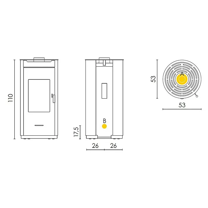 FreePoint Estufa de leña Eos - 8 kW, Volumen de calefacción: 224 m³, Metal Negro - Dimensiones de la estufa con las dimensiones de alto, ancho y profundidad en centímetros.