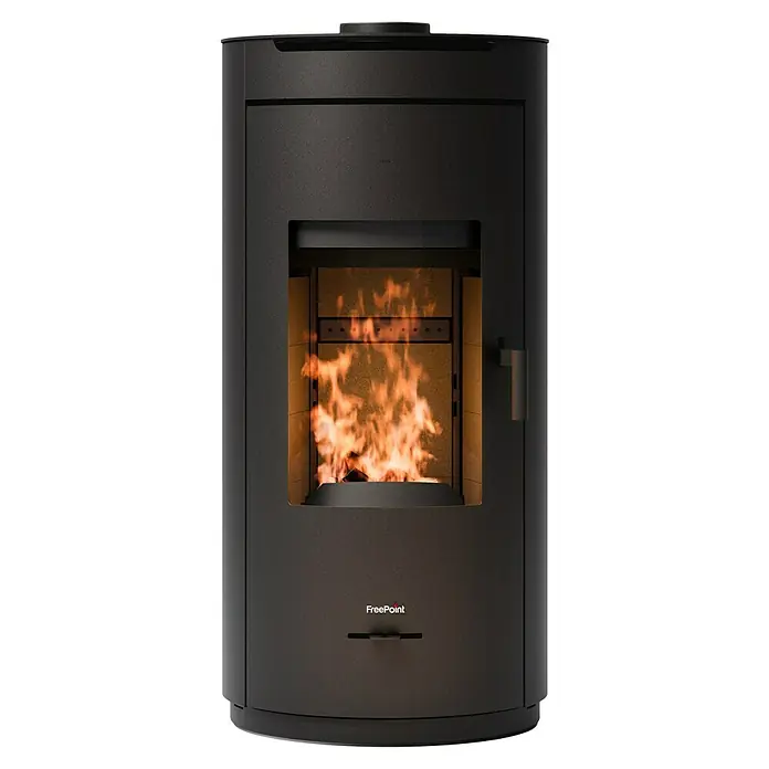 FreePoint Estufa de leña Eos - 8 kW, Volumen de calefacción: 224 m³, Metal Negro - La estufa de leña FreePoint en negro elegante ofrece calidez y estilo para su hogar. Disfrute del fuego ardiente a través de la amplia ventana.
