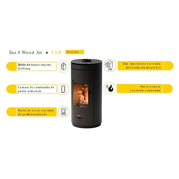 FreePoint Estufa de leña Eos - 8 kW, Volumen de calefacción: 224 m³, Metal Negro - Imagen del producto de una estufa Eos 8 Wood Air, destacando detalles técnicos como la salida de humos y la doble combustión.