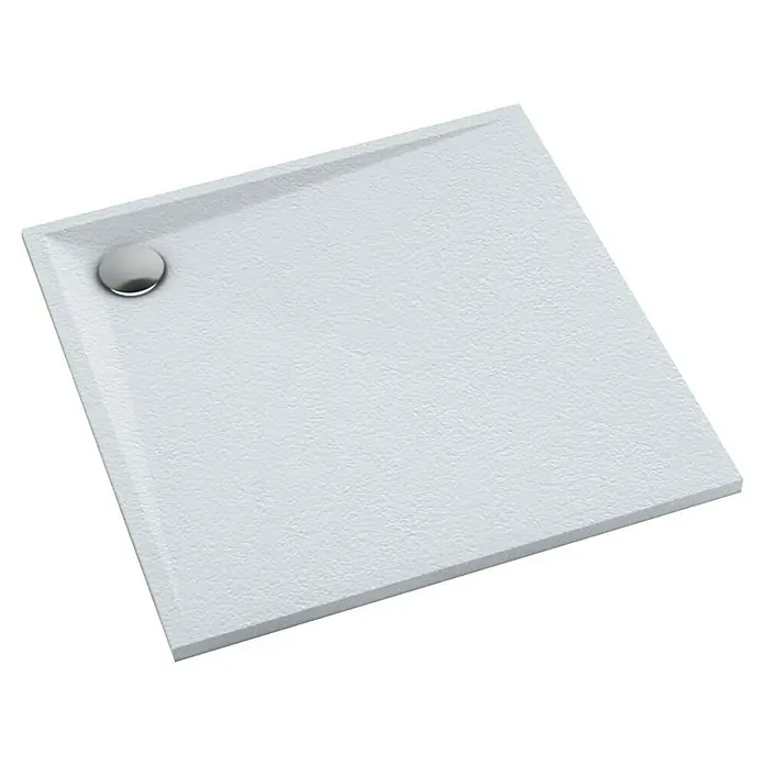 Duschboard Velto - L x B: 90 x 90 cm, White Stone, Materialspezifizierung: Mattierte Oberfläche mit Steinstruktur - Ein quadratischer Duschwannen-Aufsatz in weißem Design mit einer runden, silberfarbenen Abdeckung im Eckbereich für moderne Badezimmer.