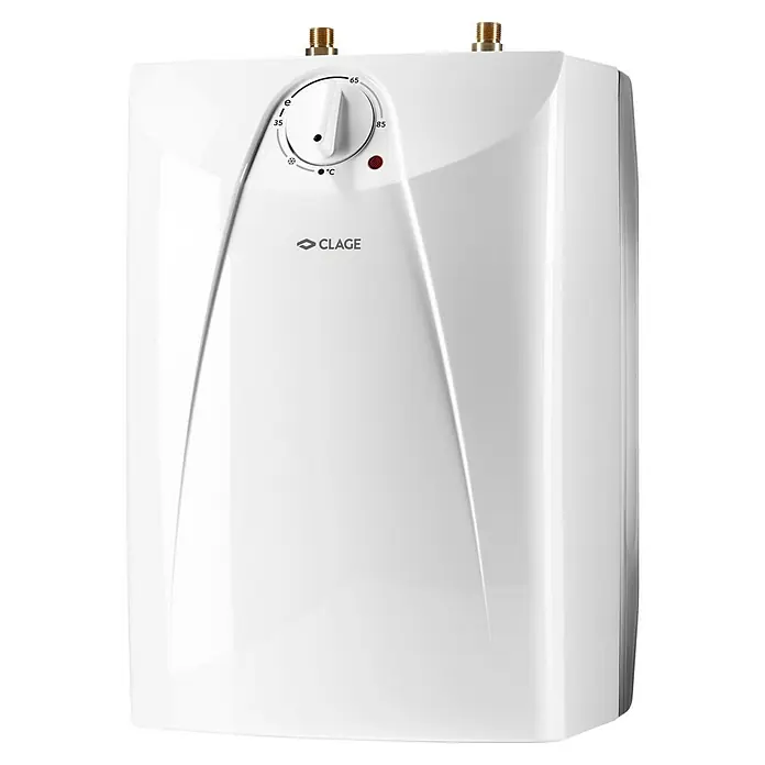 Clage Warmwasserspeicher S5-U - 5 l, 2.000 W, Temperaturbereich: 35 °C - 85 °C, Untertischmontage - Abbildung eines weißen CLAGE Warmwasserbereiters mit Temperaturregler und Anschlüssen. Ideal für dezentrale Warmwasserversorgung.