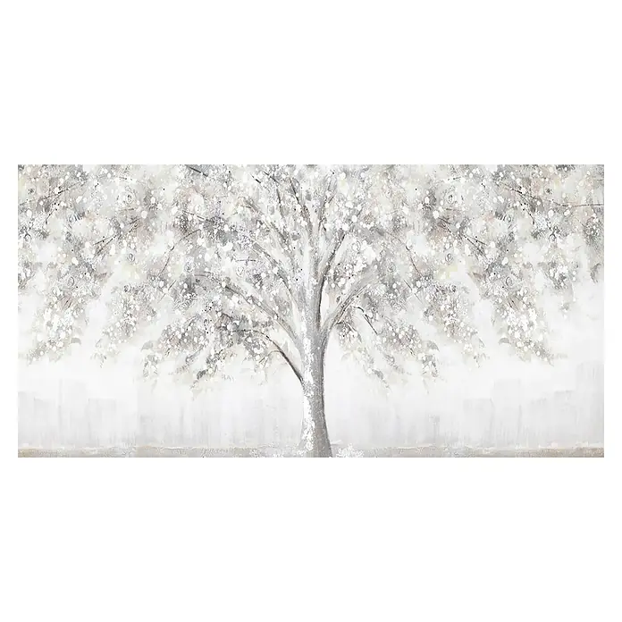 Cuadro pintado a mano Árbol - Árbol plata, An x Al: 100 x 50 cm - Pintura de un árbol con flores blancas sobre un fondo claro, una pieza decorativa tranquila y elegante.