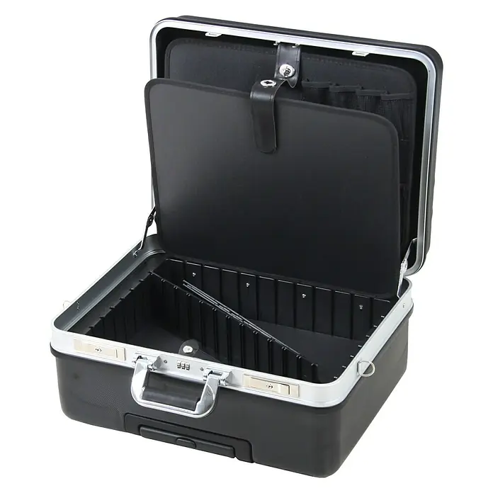 Werkzeugkoffer Basic 5970 - L x B x H: 430 x 510 x 240 mm - Geöffneter schwarzer Make-up-Koffer mit silberfarbenen Beschlägen.