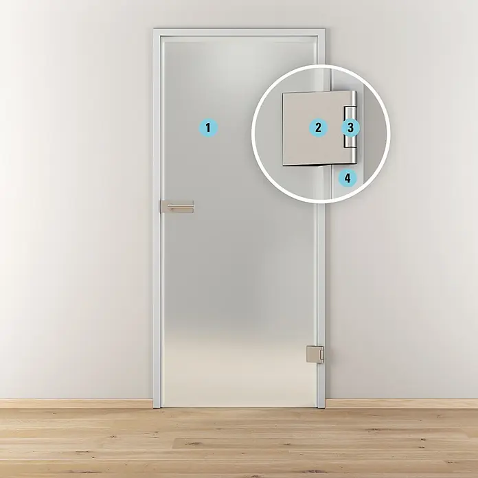 Diamond Doors Rahmenteil - 2 Stk., Geeignet für: Stahlzargen, Passend für: Diamond Doors 3-tlg. Office Bänder - Nahaufnahme einer Glastür mit Beschlägen, die die Scharniere und den Griff hervorheben. Perfekt für modernes Baddesign.