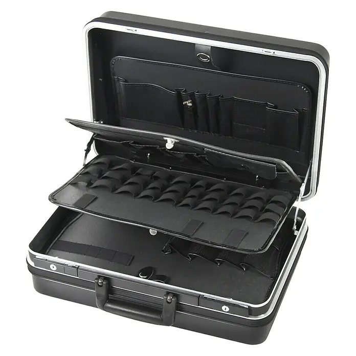 Hepco & Becker Werkzeugkoffer Classic 5121 - L x B: 370 x 490 mm, Höhe: 180 mm, ABS Pro - Dieser elegante, schwarze Friseurkoffer mit silberfarbenen Akzenten bietet viel Platz für Werkzeuge und Accessoires.