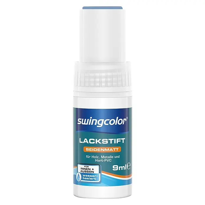swingcolor Lackstift Acryl - Taubenblau, 9 ml, Seidenmatt, Wasserbasiert - Abbildung einer Swingcolor Lackstift Seidenmatt-Flasche, geeignet für Holz, Metalle und Hart-PVC, mit 9 ml Inhalt für Innen- und Außenbereiche.