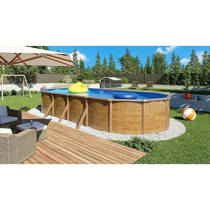 KWAD Pool-Set Steely de luxe Wood (L x B x H: 7,3 x 3,6 x 1,2 m, Fassungsvermögen: 28.900 l, Oval)