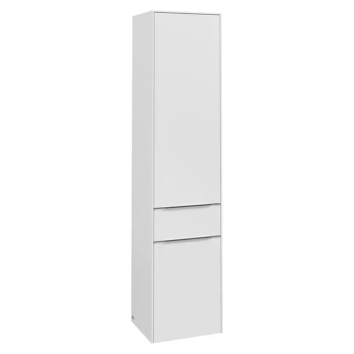 Villeroy & Boch Subway 3.0 Hochschrank - B x T x H: 40 x 36,2 x 171 cm, 1x Schublade, 2x Tür, Pure White, Farbe Griff: Aluminium glänzend, DIN Anschlag: Links - Ein weißer Badezimmerschrank mit zwei Schubladen bietet stilvollen Stauraum für ein modernes Bad. Der Schrank ist schlicht und funktional.