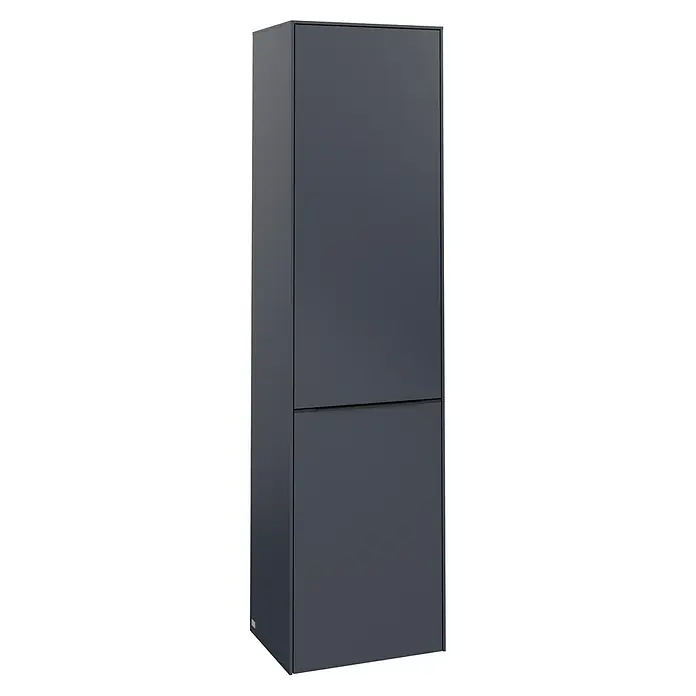 Villeroy & Boch Subway 3.0 Hochschrank - B x T x H: 40 x 36,2 x 171 cm, 1x Klappe mit Wäschekorb, 1x Tür, Marine Blue, Farbe Griff: Volcano black, DIN Anschlag: Rechts - Aufnahme eines modernen, hohen Grafitgrauen Hochschranks mit klaren Linien und minimalistischem Design.