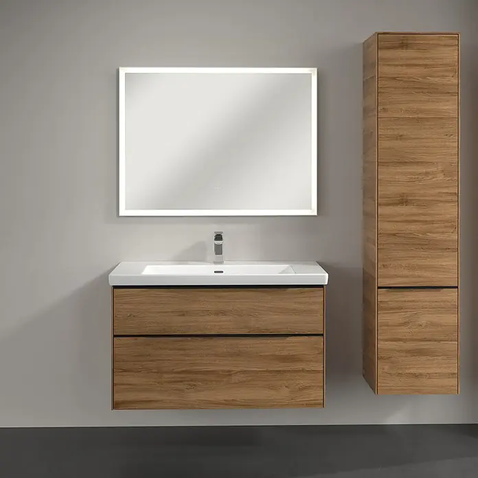 Villeroy & Boch Subway 3.0 Hochschrank - B x T x H: 40 x 36,2 x 171 cm, 2x Tür, Kansas Oak, Farbe Griff: Volcano black, DIN Anschlag: Rechts - Badezimmer-Waschtisch mit Holzstruktur und beleuchtetem Spiegel. Das moderne Design bietet Stauraum und ein helles Ambiente.