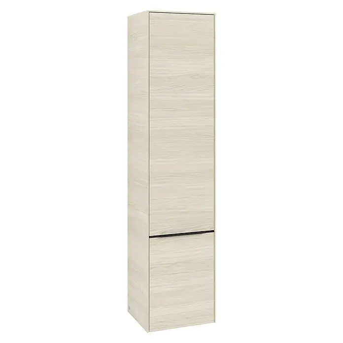 Villeroy & Boch Subway 3.0 Hochschrank - B x T x H: 40 x 36,2 x 171 cm, 2x Tür, White Oak, Farbe Griff: Volcano black, DIN Anschlag: Links - Ein schmaler, holzfarbener Schrank mit einer Schublade und einer Tür, ideal für zusätzlichen Stauraum in jedem Raum.