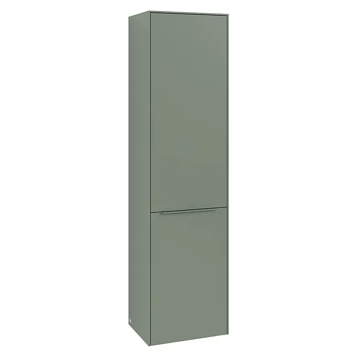 Villeroy & Boch Subway 3.0 Hochschrank - B x T x H: 40 x 36,2 x 171 cm, 1x Klappe mit Wäschekorb, 1x Tür, Soft Green, Farbe Griff: Soft Green, DIN Anschlag: Links - Ein moderner, grauer Wandschrank mit einer schlichten, horizontalen Griffleiste. Das Möbelstück bietet Stauraum und fügt sich nahtlos in jeden Raum ein.