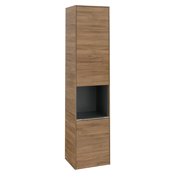 Villeroy & Boch Subway 3.0 Hochschrank - B x T x H: 40 x 36,2 x 171 cm, 1x offenes Fach, 2x Tür, Kansas Oak, Farbe Griff: Aluminium glänzend, DIN Anschlag: Links - Modernes Badezimmer-Hängeelement in Holzoptik mit offenem Fach für stilvolle Badaccessoires und zusätzlichen Stauraum.