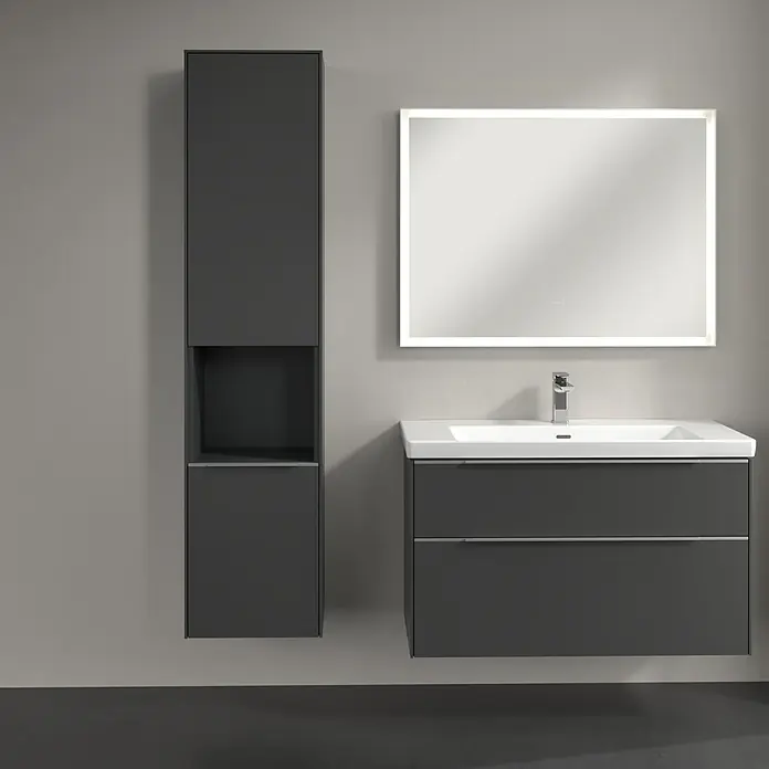 Villeroy & Boch Subway 3.0 Hochschrank - B x T x H: 40 x 36,2 x 171 cm, 1x offenes Fach, 2x Tür, Graphite, Farbe Griff: Aluminium glänzend, DIN Anschlag: Links - Modernes Badezimmer-Set in Grau mit Waschtischunterschrank, Spiegelschrank und Hochschrank für ein stilvolles Ambiente im Bad.