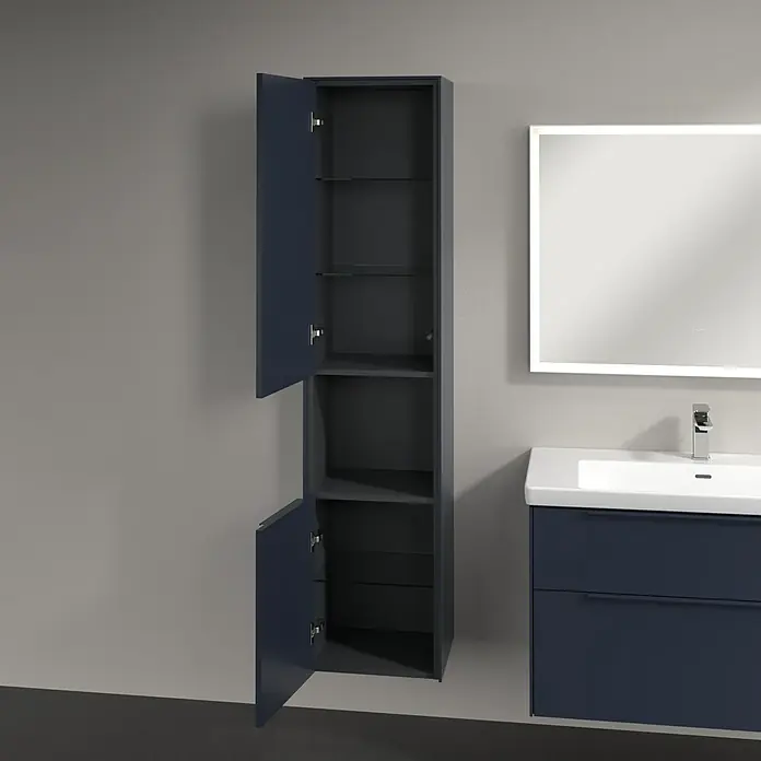 Villeroy & Boch Subway 3.0 Hochschrank - B x T x H: 40 x 36,2 x 171 cm, 1x offenes Fach, 2x Tür, Marine Blue, Farbe Griff: Marine Blue, DIN Anschlag: Links - Badezimmerschrank mit offenen Türen.