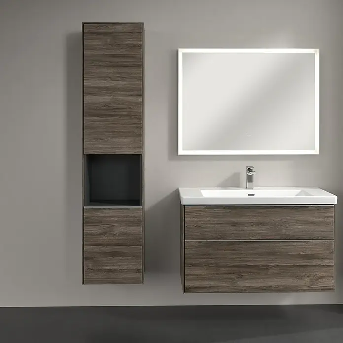 Villeroy & Boch Subway 3.0 Hochschrank - B x T x H: 40 x 36,2 x 171 cm, 1x offenes Fach, 2x Tür, Stone Oak, Farbe Griff: Aluminium glänzend, DIN Anschlag: Links - Badezimmer-Waschtischkombination mit Holzstruktur und beleuchtetem Spiegel. Die moderne Badezimmereinrichtung bietet viel Stauraum.