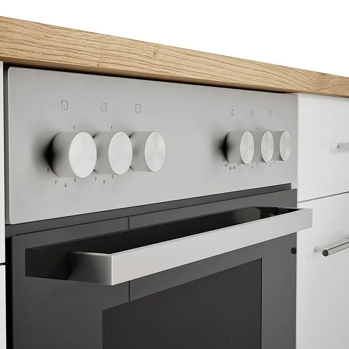 Respekta Cocina esquinera Hilde - Ancho: 280 cm, Blanco, Mate, Efecto madera, Con electrodomésticos - Horno empotrable con perillas y tirador, diseño elegante para cocinas modernas. Ideal para cocinar y hornear.