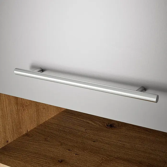 Respekta Cocina esquinera Hilde - Ancho: 220 cm, Gris, Mate, Efecto madera, Con electrodomésticos - Manija de aluminio cepillado en una puerta de armario con aspecto de madera y tonos grises. El producto es moderno y funcional.