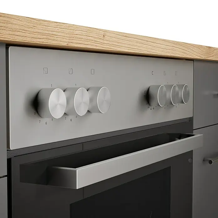 Respekta Cocina esquinera Hilde - Ancho: 220 cm, Gris, Mate, Efecto madera, Con electrodomésticos - Horno empotrado con mandos y asa, integrado en un mueble de cocina moderno. El diseño es simple y funcional.