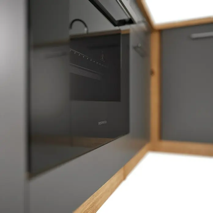 Respekta Cocina esquinera Hilde - Ancho: 250 cm, Gris, Mate, Efecto madera, Con electrodomésticos - Primer plano de un horno Respekta en una cocina moderna, que muestra un diseño contemporáneo y funcionalidad.