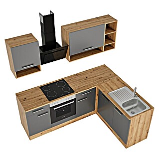 Respekta Winkelküche Hilde (Breite: 220 cm, Grau, Matt, Holzoptik, Mit Elektrogeräten)