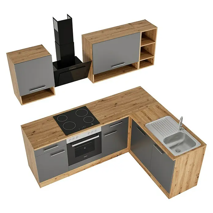 Respekta Cocina esquinera Hilde - Ancho: 220 cm, Gris, Mate, Efecto madera, Con electrodomésticos - Una cocina moderna con frentes grises y una encimera de madera, que incluye fogones, fregadero y campana extractora.