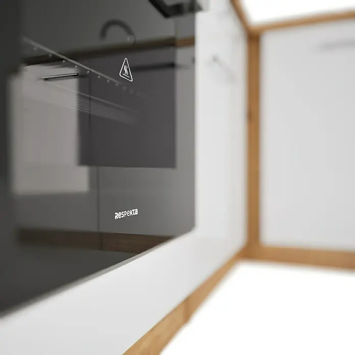 Respekta Cocina esquinera Hilde - Ancho: 220 cm, Blanco, Mate, Efecto madera, Con electrodomésticos - Primer plano de un horno Respekta, que muestra su elegante diseño negro y la estética moderna de los electrodomésticos de cocina.