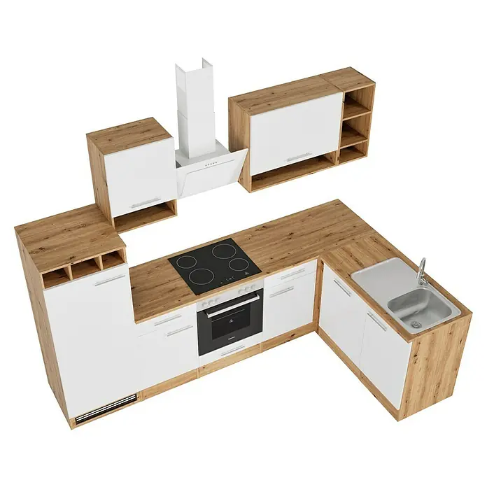 Respekta Cocina esquinera Hilde - Ancho: 280 cm, Blanco, Mate, Efecto madera, Con electrodomésticos - Vista de una cocina elegante con armarios blancos y encimeras con aspecto de madera, incluyendo una estufa, un horno y un fregadero.