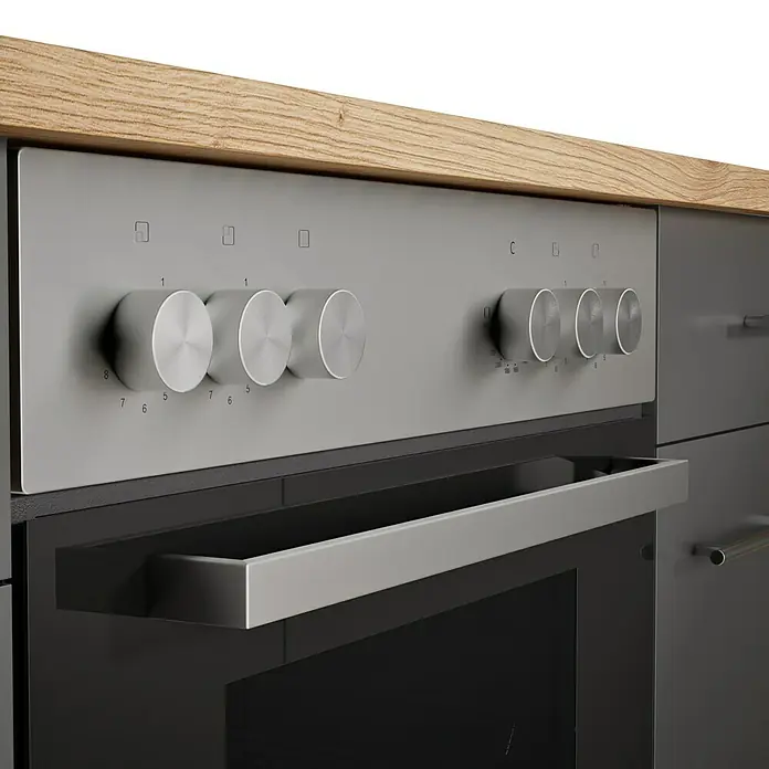 Respekta Cocina esquinera Hilde - Ancho: 280 cm, Gris, Mate, Efecto madera, Con electrodomésticos - Primer plano de un horno moderno con botones giratorios y asa, empotrado en una encimera de cocina.
