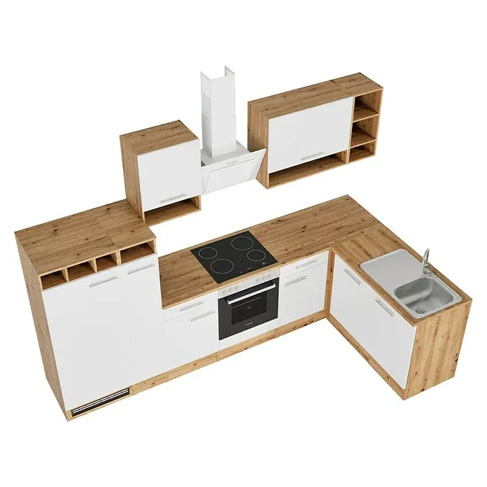 Respekta Cocina esquinera Hilde - Ancho: 310 cm, Blanco, Efecto madera, Con electrodomésticos - Cocina moderna con armarios blancos y encimera de madera, equipada con fogones, horno, fregadero y campana extractora para una experiencia culinaria elegante.