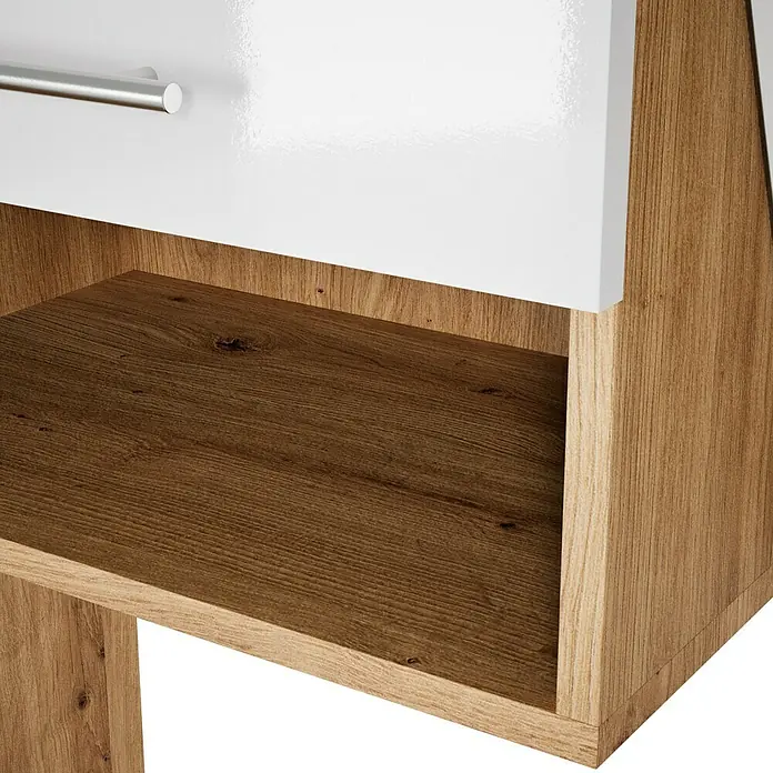 Respekta Cocina esquinera Hilde - Ancho: 250 cm, Blanco, Mate, Efecto madera, Con electrodomésticos - Vista detallada de una mesita de noche con cajón y compartimento abierto en aspecto de madera y blanco. El tirador plateado destaca.