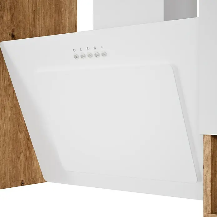 Respekta Cocina esquinera Hilde - Ancho: 280 cm, Blanco, Mate, Efecto madera, Con electrodomésticos - Primer plano de una campana extractora, que combina funcionalidad y diseño moderno en la cocina.