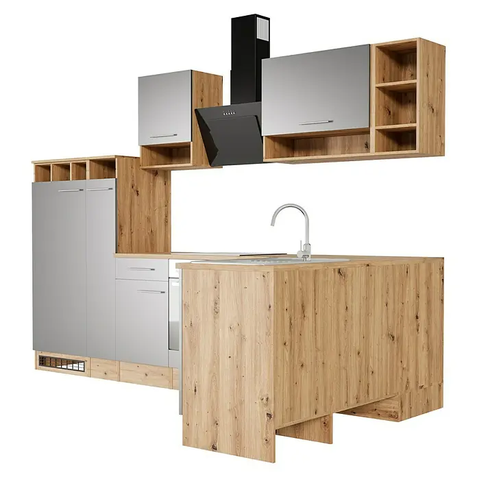 Respekta Cocina esquinera Hilde - Ancho: 310 cm, Gris, Efecto madera, Con electrodomésticos - Cocina moderna con armarios grises, detalles en madera y una elegante campana extractora negra para cocinar con estilo.