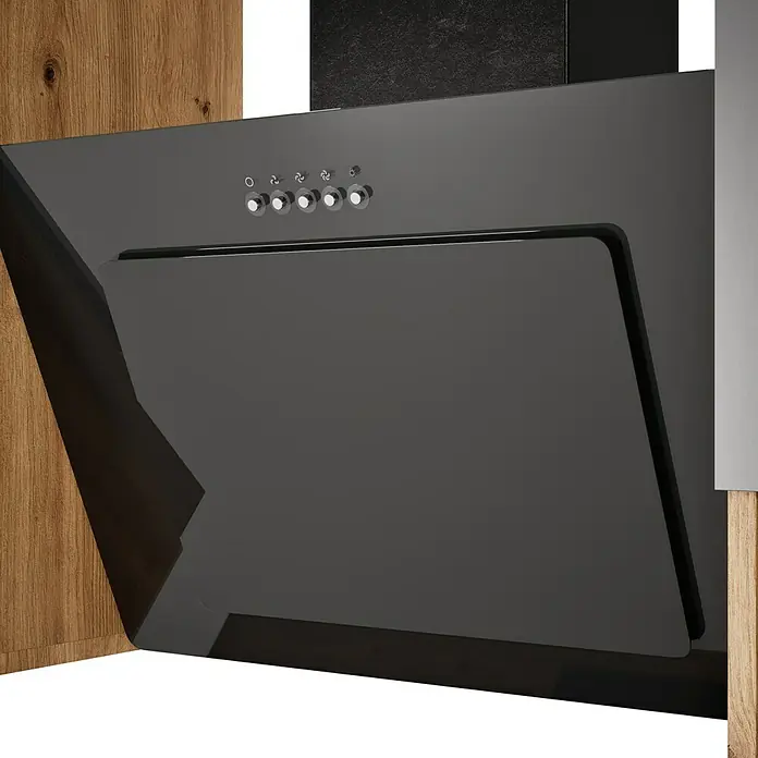 Respekta Cocina esquinera Hilde - Ancho: 220 cm, Gris, Mate, Efecto madera, Con electrodomésticos - Primer plano de una campana extractora negra y elegante. El diseño moderno y los botones de control destacan.