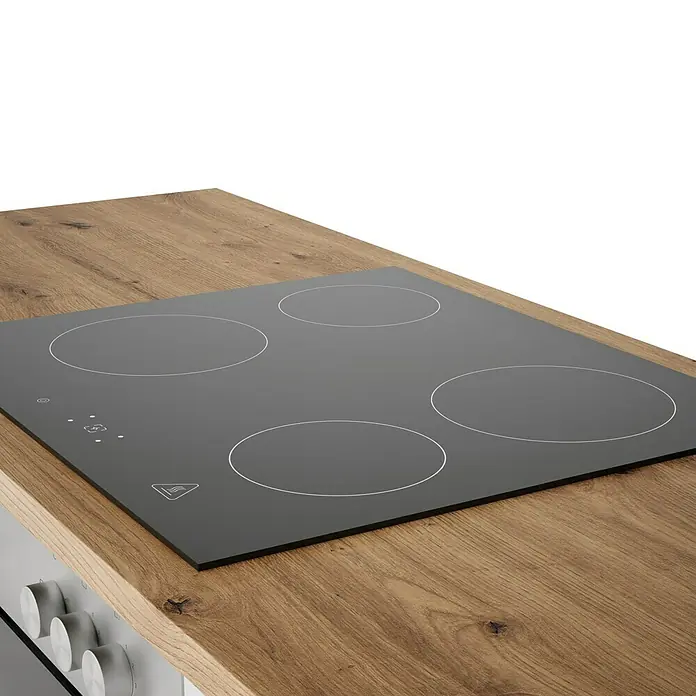 Respekta Cocina esquinera Hilde - Ancho: 220 cm, Blanco, Mate, Efecto madera, Con electrodomésticos - Placa de cocina negra con cuatro zonas de cocción sobre una encimera de madera. La placa tiene un diseño moderno y es fácil de usar.