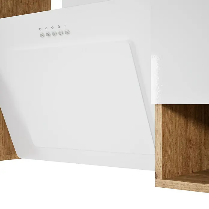 Respekta Cocina esquinera Hilde - Ancho: 250 cm, Blanco, Mate, Efecto madera, Con electrodomésticos - Una moderna campana extractora blanca, construida entre armarios de cocina de madera. El aparato tiene un diseño elegante y funcional.