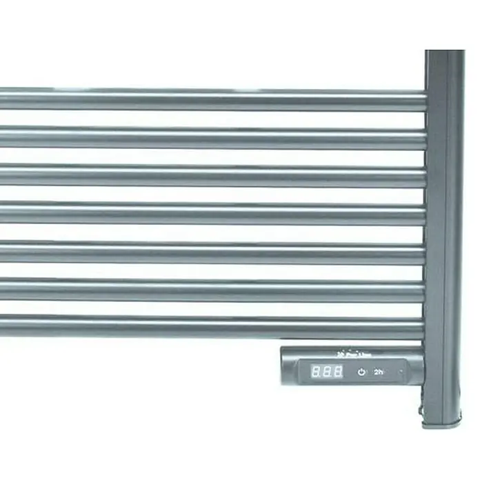 Purline Radiador toallero eléctrico NTW-11 - An x Al: 54 x 107 cm, 500 W, Gris - Primer plano de un toallero calefactor gris moderno con pantalla digital para temperatura y temporizador.