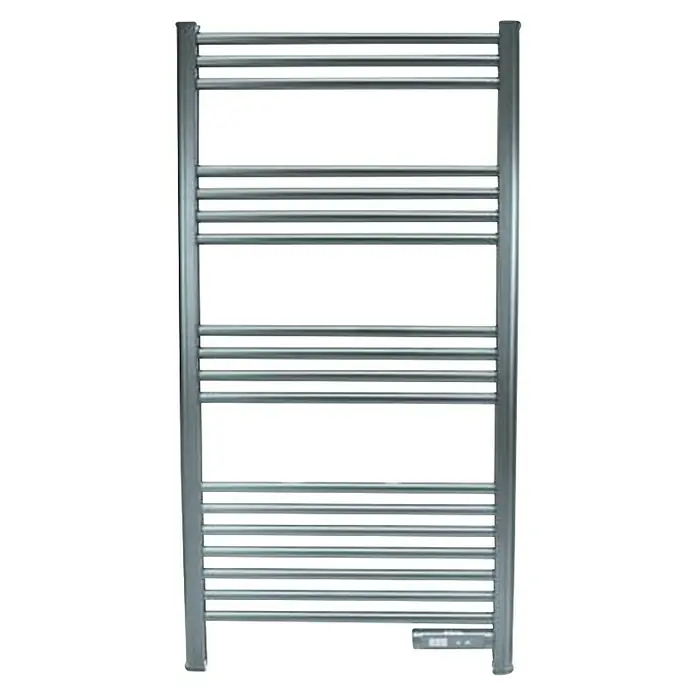 Purline Radiador toallero eléctrico NTW-11 - An x Al: 54 x 107 cm, 500 W, Gris - La imagen muestra un toallero radiador de metal con múltiples barras horizontales para colgar toallas. Tiene un diseño estrecho y alto.